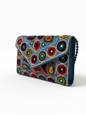 Embroidered Teal Multicolor Envelope Crossbody Bag - Artisan Work Handmade